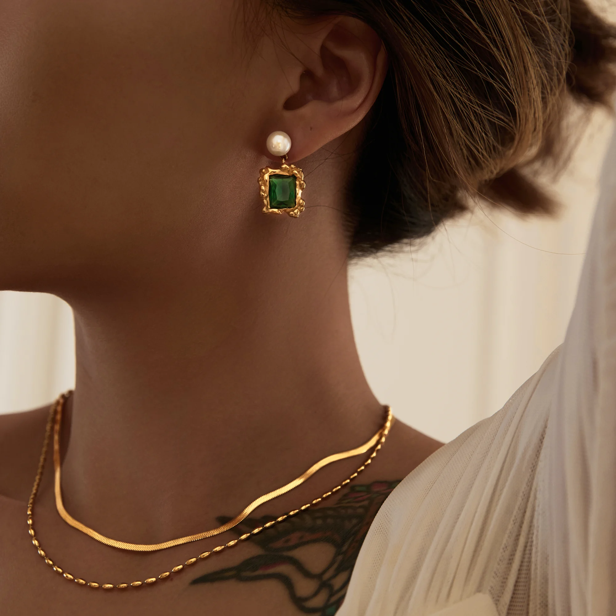 DASEIN Trendy 18k Gold Plated Double Layer Bead Herringbone Chain Necklace Tarnish Free Stainless Steel Gypsy Runaway Jewelry