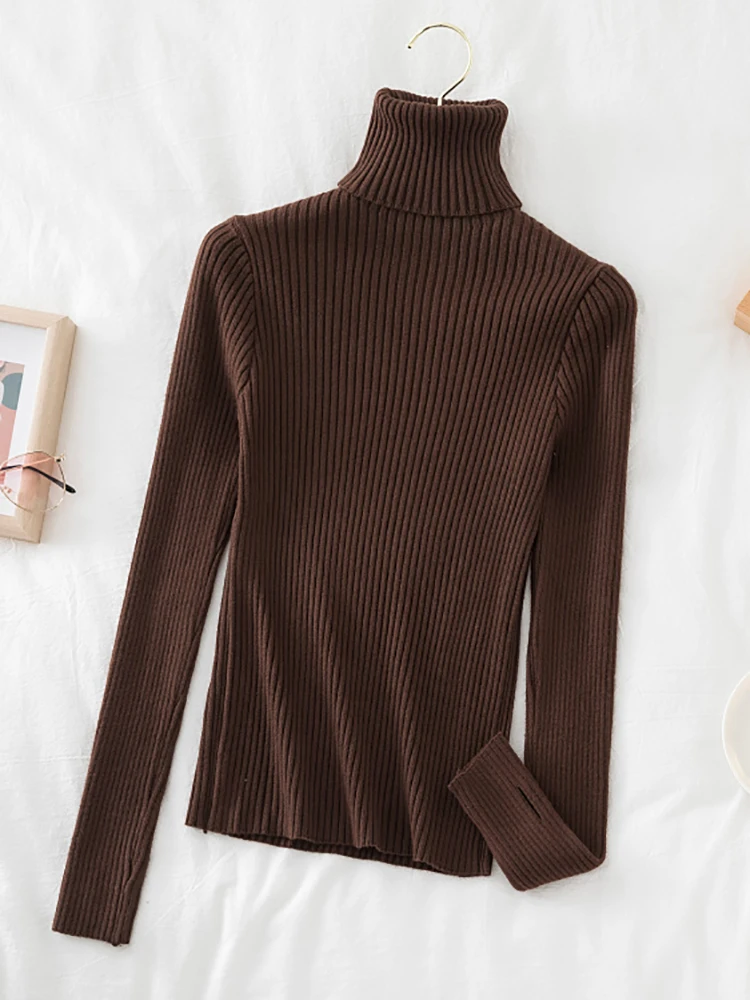 2024 Warm Thick Autumn Winter Women Sweater Pullover Basic Ribbed Sweaters Cotton Tops Knitted Solid Turtleneck With Thumb Hole