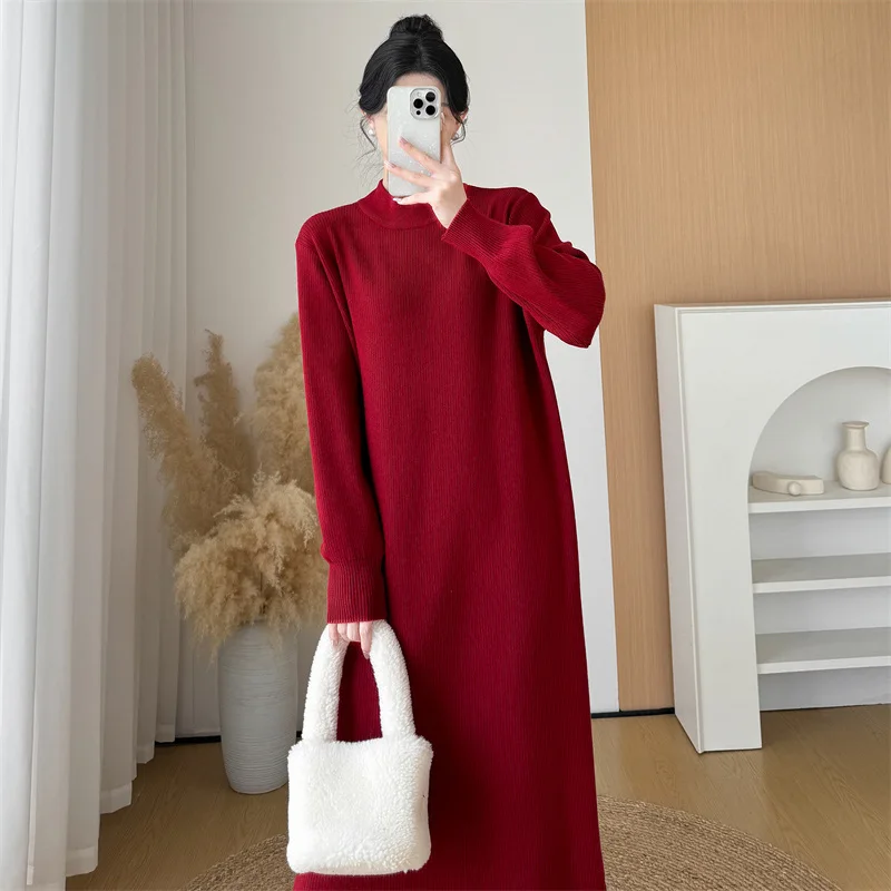 New Women Autumn Winter Tassel Sweater Dress Fashion Half High Collar Long Sleeve Loose Knitted Dress Casual Long Sweater