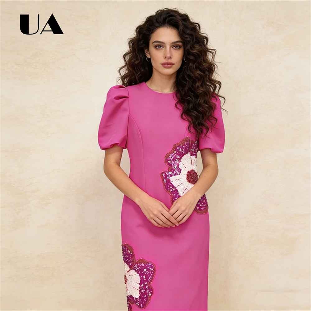 Fuchsia Structured Midi Dress with Sequin Flower Embellishments Puff Short Sleeves, Round Neck & Durable Fabric Cocktail Parties