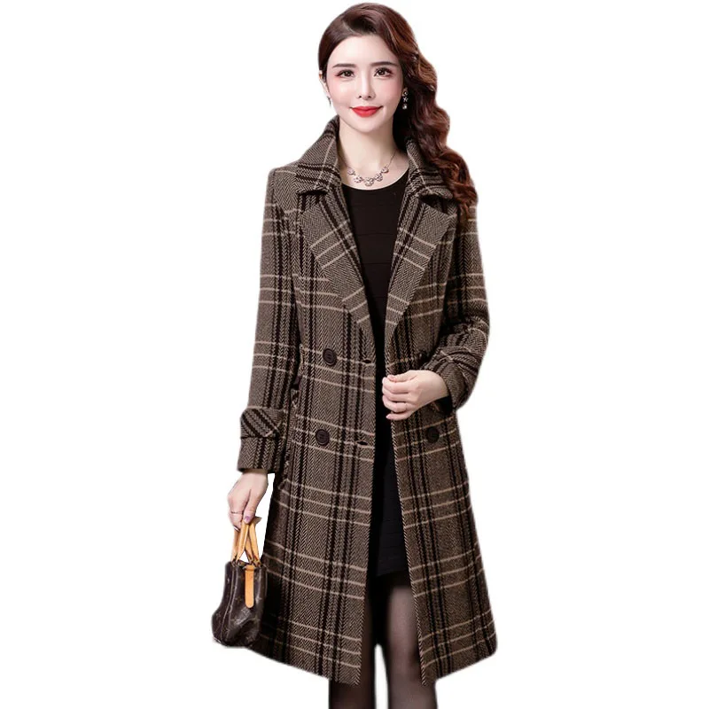 

Houndstooth Woolen Trench Coats Women Nice Autumn Winter New Thick Plaid Coat Plus Size Slim Casual Ladies Woolen Overcoat F270