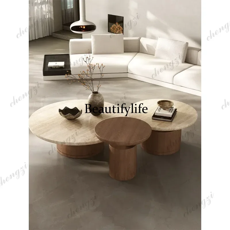 Pure natural travertine coffee table combination French retro solid wood round coffee table wabi sabi wind household marble p182