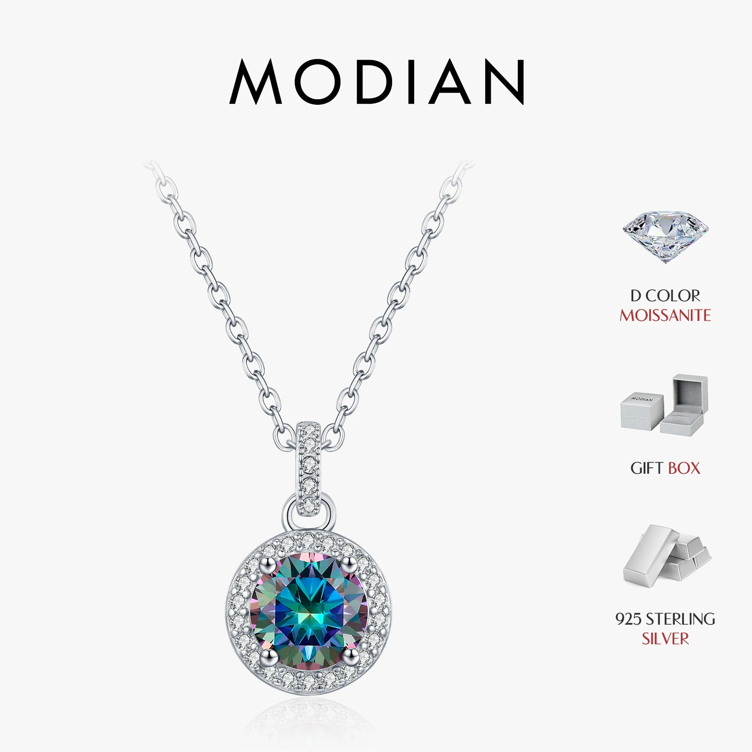 

MODIAN 925 Sterling Silver Sweet Cool Style 1CT Multicolor Round Moissanite Halo Pendant Necklace For Women Fine Jewelry