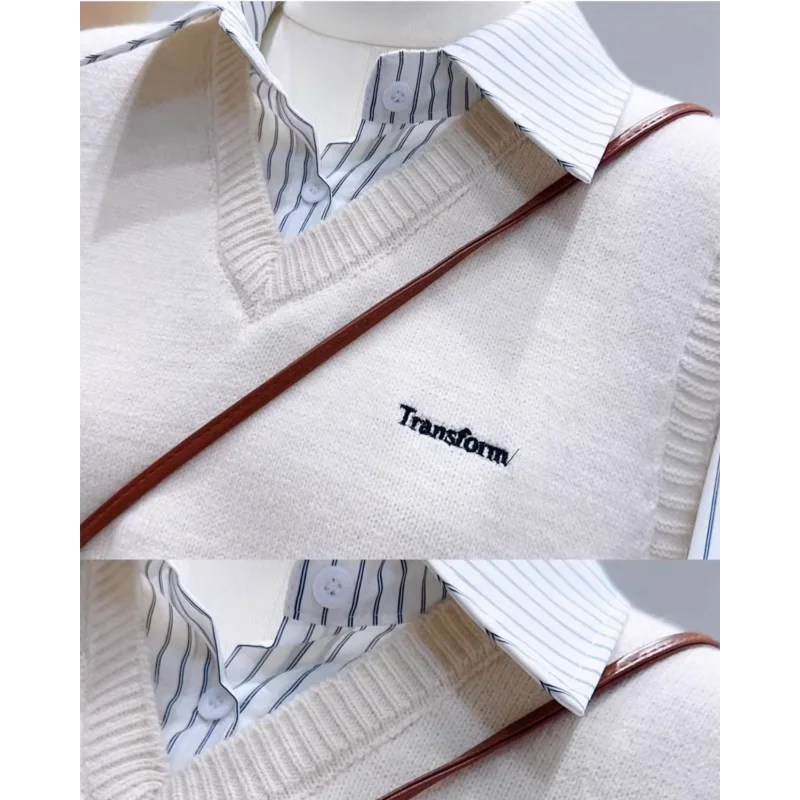 เสื้อสเวตเตอร์ถักคอปกโปโล ดีไซน์สองชิ้นหลอกๆ สไตล์ใหม่ ฤดูใบไม้ผลิและฤดูใบไม้ร่วง ปี 2025