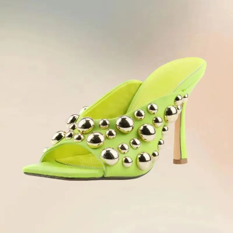 

Gold Round Rivets Fluorescent Green Open Toe Slippers Slip On Women Shoes Thin High Heels Party Banquet 2026 Zapatos Para Mujere
