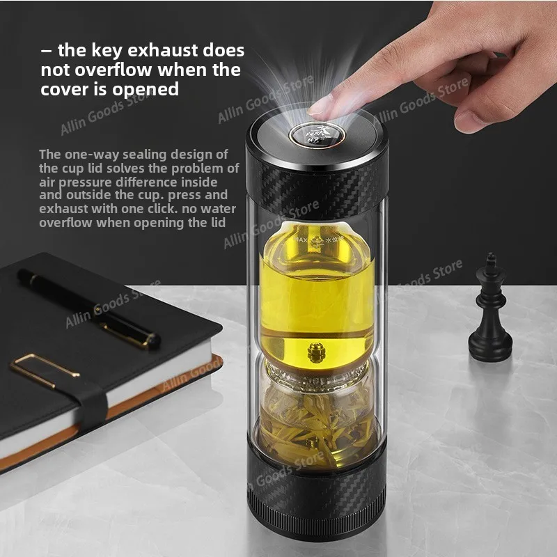 Double Wall Insulated Borosilicate Glass Tea Infuser Rotatable Tea Water Separation Cup Portable Office Travel Tumbler