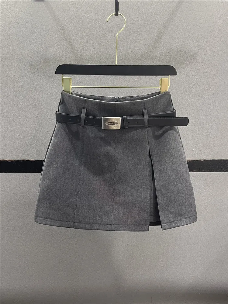 

Gray Suit Half Skirt Women's High Waist Slimming A-Line Split Short Skirt Spring Summer New Style Casual Cotton Polyester