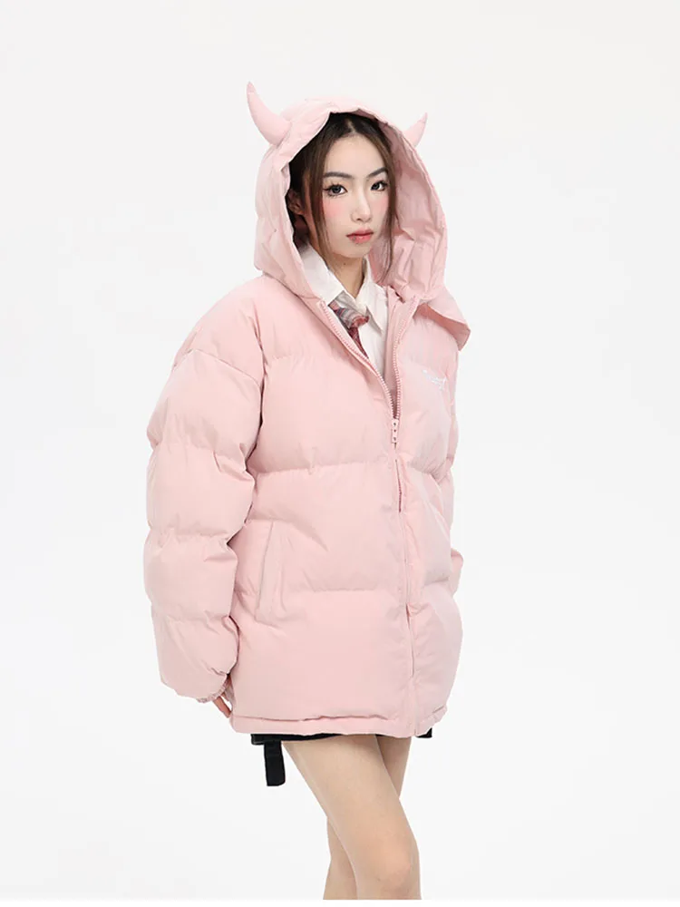 Hooded Pink Parkas Men Women Winter Devil\'s Horn Cotton Padded Jackets Loose Hip Hop Harajuku Y2k Puffer Bubble Outwear Coats