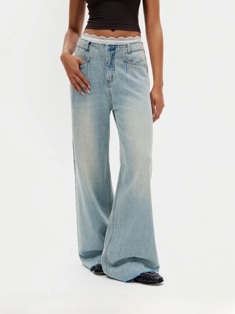 

Американские джинсы с высокой талией и широкими штанинами, повседневные, светло-голубые, в уличном стиле, ретро-дизайн с драпировкой, женские, свободного кроя