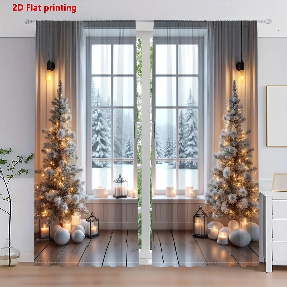 2 Pcs 2D Christmas Snowflake & Pine Tree Curtains – Winter Holiday Decor for Living Room Bedroom Kitchen, Cozy Festive Ambience