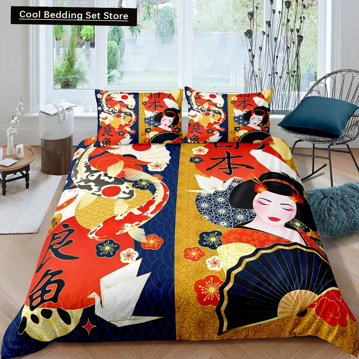 

Japanese Style King Queen Duvet Cover Koi Fish Cherry Bedding Set Ukiyo-E Geisha Quilt Cover Sun Crane Polyester Comforter Cover