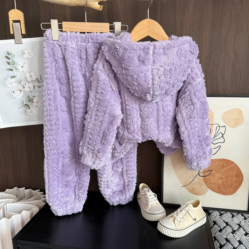 Fashionable and Warm Home Children's Clothing Winter Solid Color Girls Clothes Purple Plush Flower Jacquard Top+Pants 2Pc Set