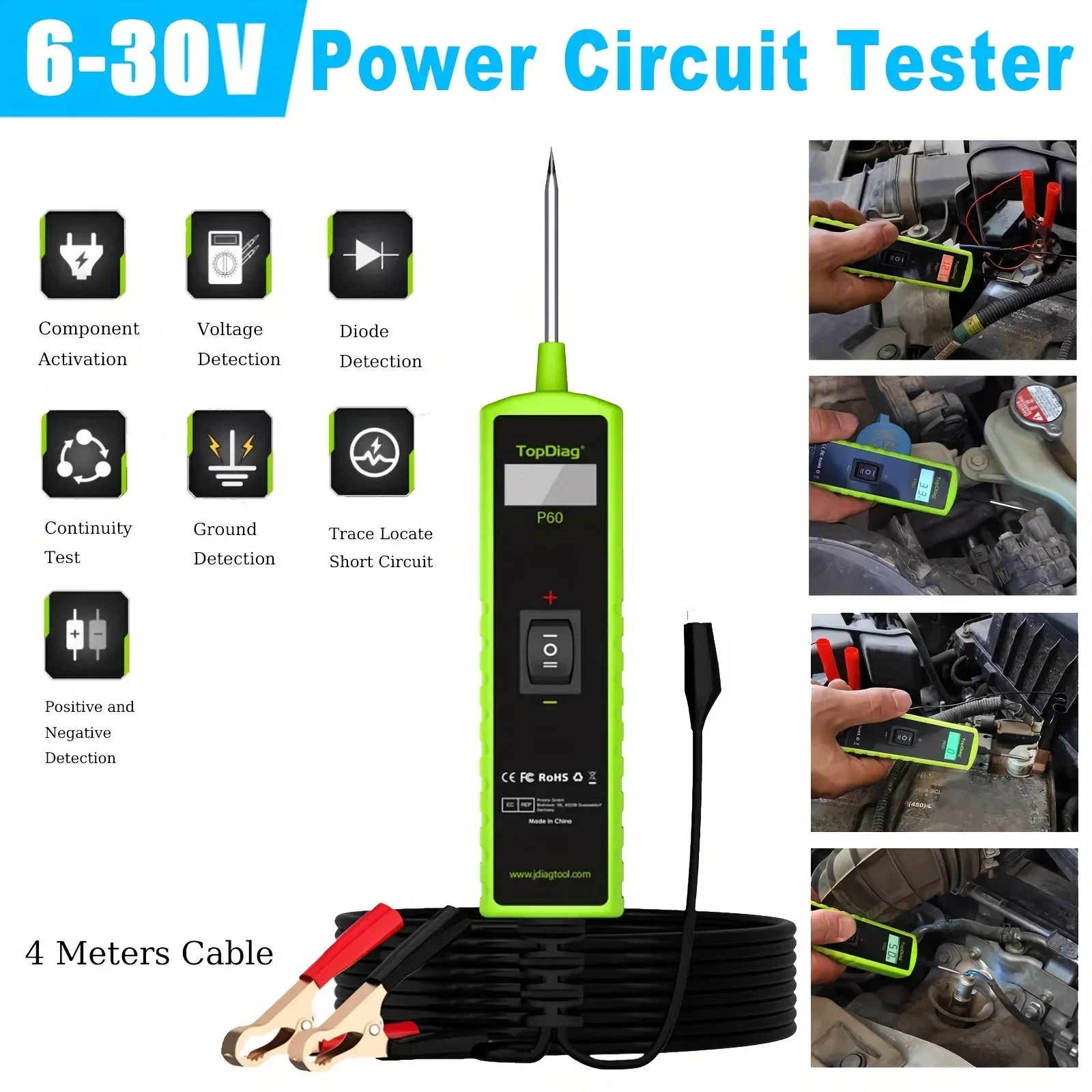 TopDiag P60 Automotive Circuit Tester Car Electrical System Short Tester 6-30V DC With Function LCD Display Flashlight Component