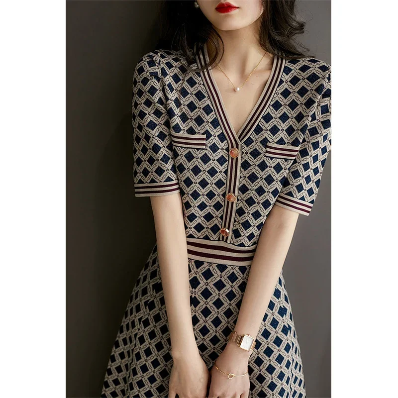 Summer New Elegant Fashion Diamond Printed Knitting Dress Female V-neck Waist Vintage Robe Women Temperament Vestidos De Fiesta