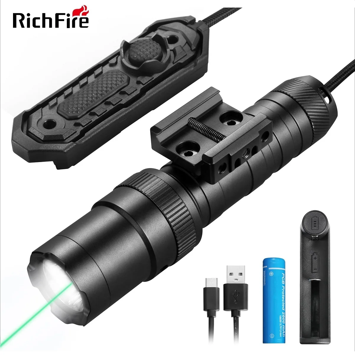 Richfire 2 in 1 Com Rifle Tactical Flashlight Ultra Bright 2000 Lumen White and Green Weapon Light By 18650 Battery for Hunting