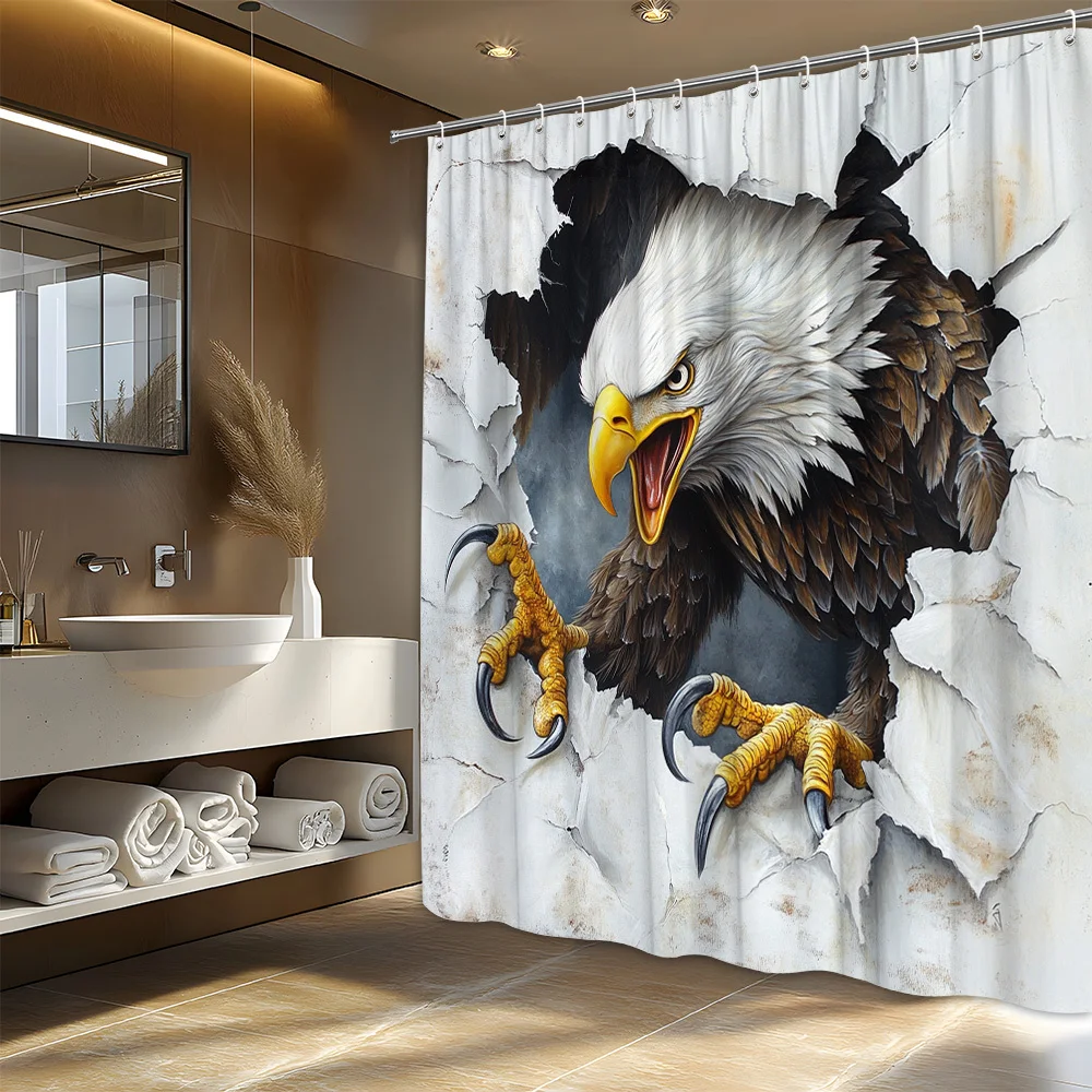 

1pc Bald Eagle Breaking Through Wall Shower Curtain - American Bald Eagle Bathroom Decor with Dramatic Talons & Beak