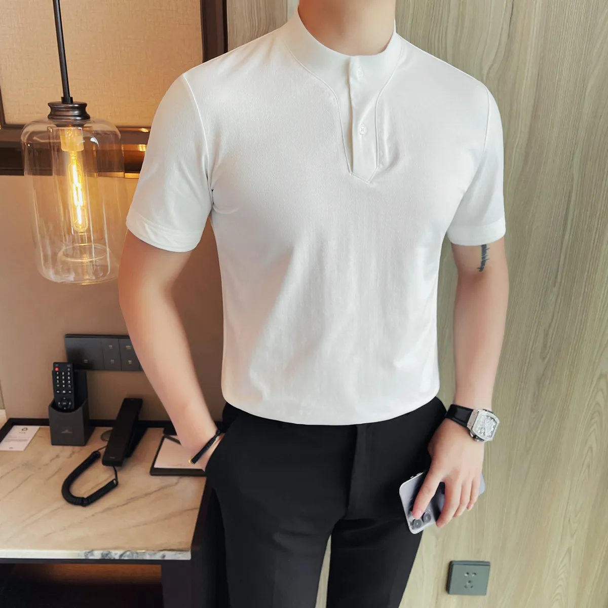 

High Quality Stand Up Collar T-shirt Men Summer Solid Color Short Sleeve Casual Tshirts Cotton Breathable Business Social Tops
