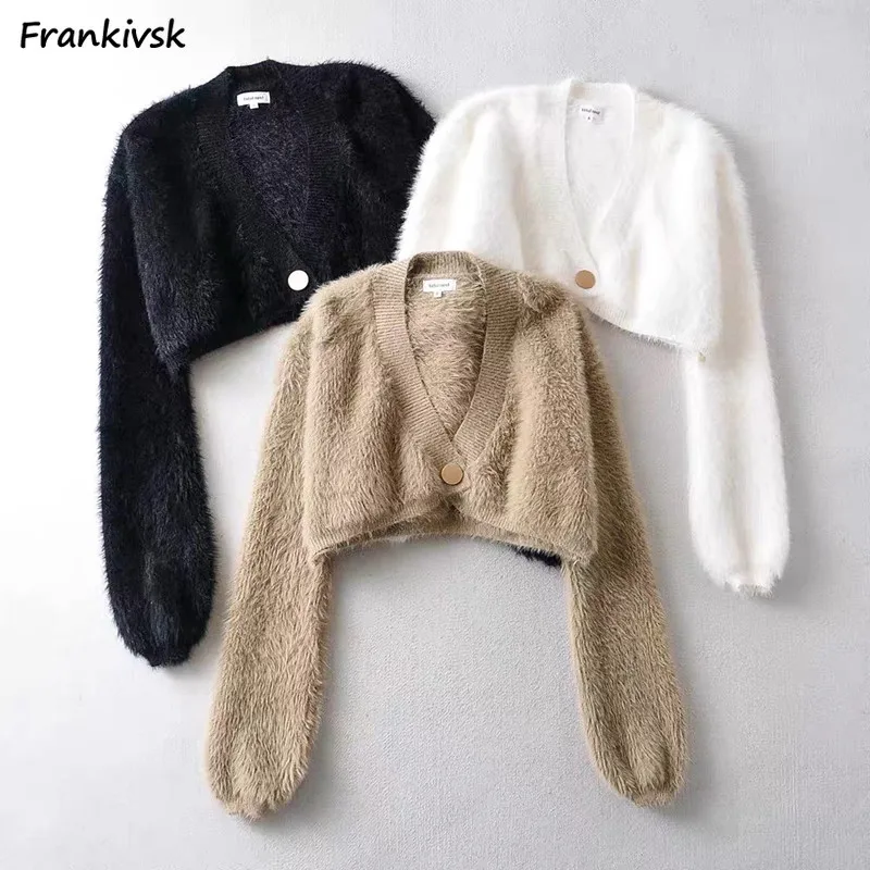 

V-neck Cropped Cardigan for Women Fluffy Elegant Outwear Aesthetic French Style Single Button All-match Streetwear Daily Females