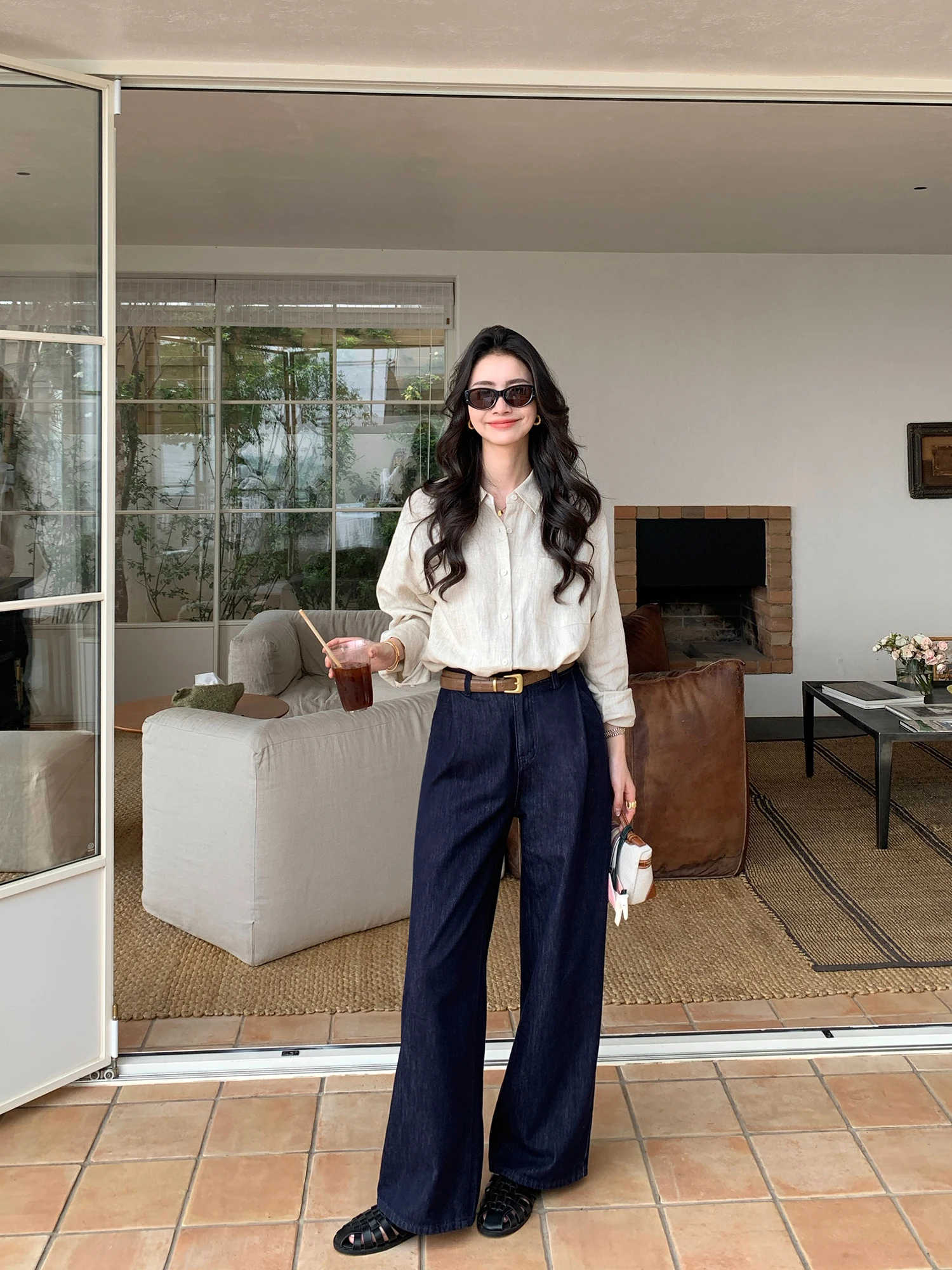 

Pusumede винтажные широкие синие джинсы женские свободные повседневные прямые длинные брюки с высокой талией хлопковая молния для поездок на работу Sle