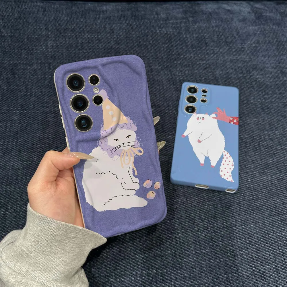 

Simple Art Cartoon Cat Pattern Phone Case For Samsung Galaxy S21 S23 S24 S25 S26 FE Lite Plus Ultra 5G Wave Oil Film