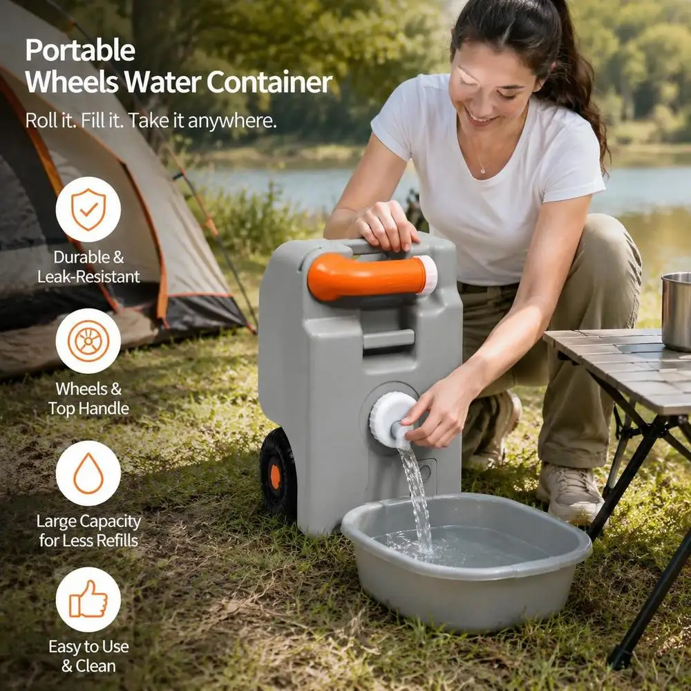 Réservoir d'eau portable 25 L en HDPE/PP avec poignée réglable et roues multi-positions