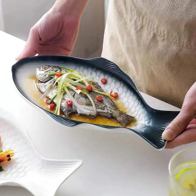 Dinner Plate Bohemia Ceramic Fish Plate Shape Large Capacity Plate Soup Noodle Salad Bowl Fruit Plate Retro Home Decoration