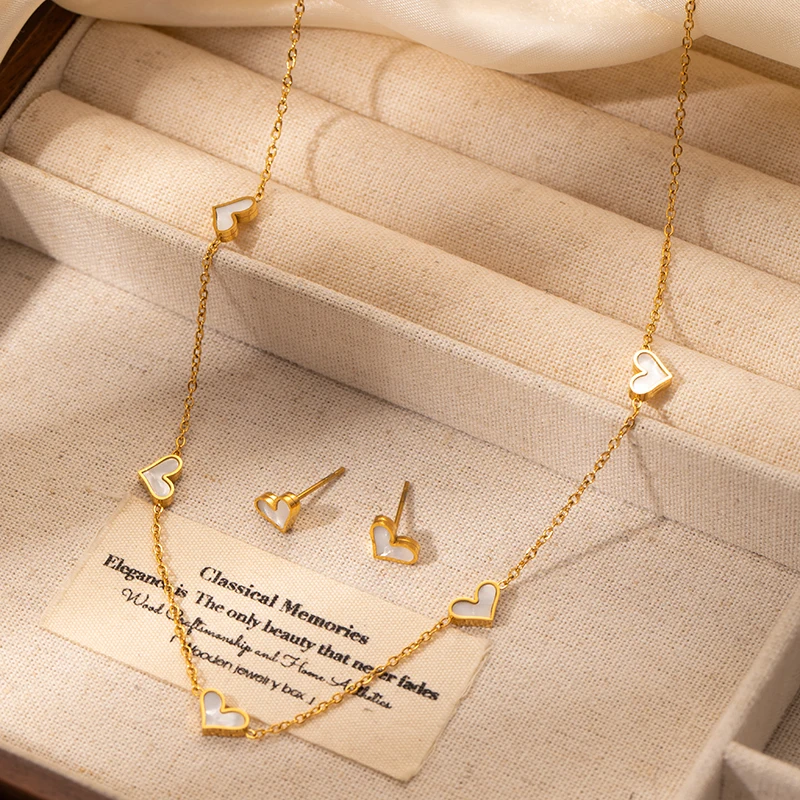 ENSHIR 316L Stainless Steel Heart White Shell Necklace Bracelet Earrings For Women Girls Simple Fashion Jewelry Gifts Wholesale