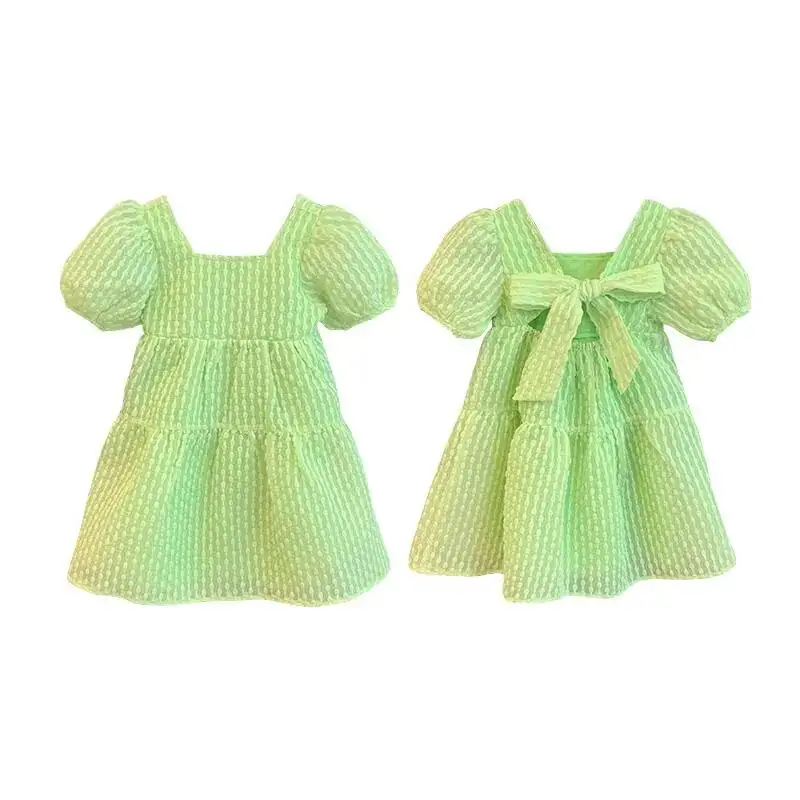 Girls\' Summer Dress 2023 New Children\'s Open Back Bow Princess Dress Baby Fashionable Bubble Sleeve Dress