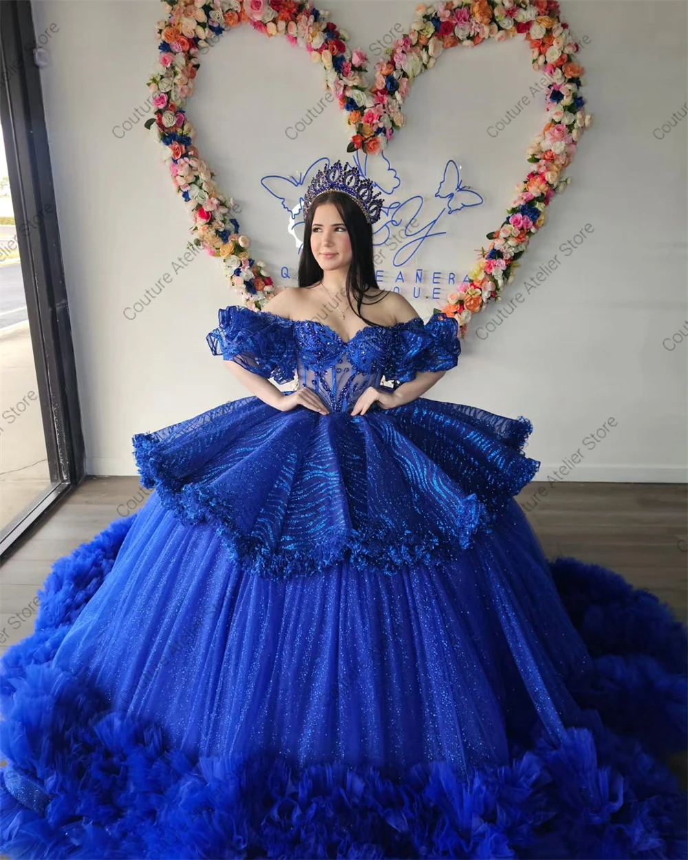 Princess Royal Blue 15 Quinceanera Dresses Ball Gown Ruffels Birthday Gowns Off The Shoulder Corset Sweet 16 Dresses Customized