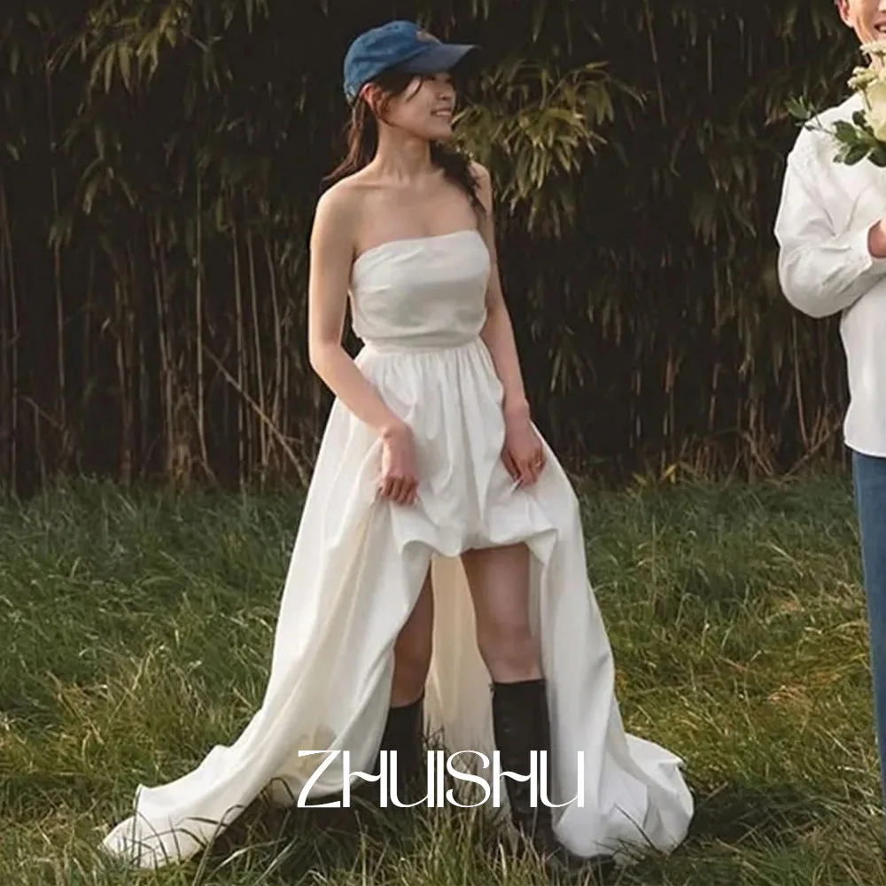 

ZHUISHU Elegant Satin Wedding Photo Shoot Dress Strapless Korea Bridal Gowns Front Short Back Long Corset 웨딩드레스 Customized