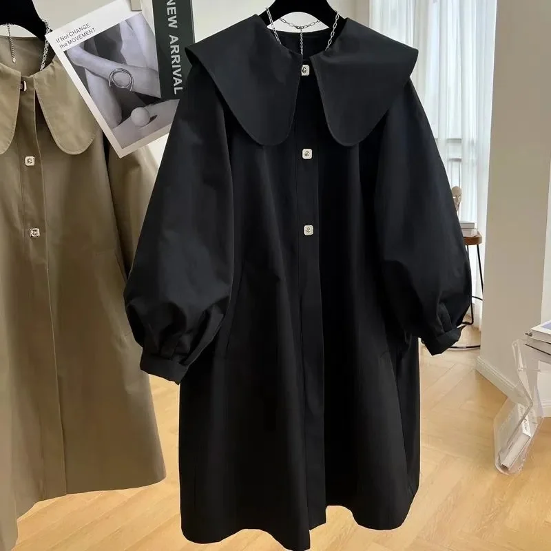 Capispalla foderato da donna in stile medio lungo Primavera Autunno Cappotto da giacca a vento con colletto per bambola da donna Nuovo trench a maniche lunghe