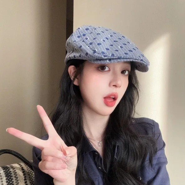Women Beret Hat Plaid Check Polka Dot Print Spring Summer Cap Casual Painter Hat Vintage Elegant Adjustable Soft Visor Hat