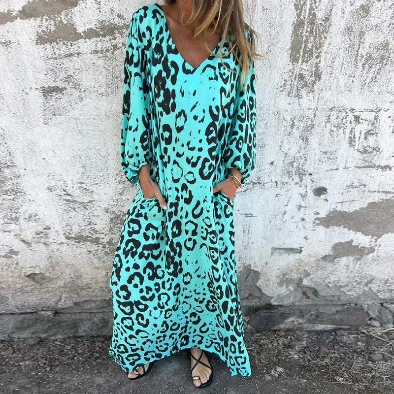 Abiti lunghi larghi con stampa leopardata vintage Donna 2025 Abito lungo con tasca con scollo a V elegante primavera Autunno Abito da vacanza Boho con maniche a 3/4