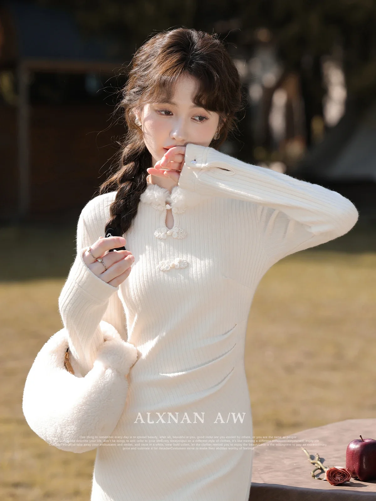 ALXNAN Neo-chinese Knitted Dresses for Women Apricot Patchwork Fur Collar Knot Button 2024 Fall Winter Gentle Clothes L3301633