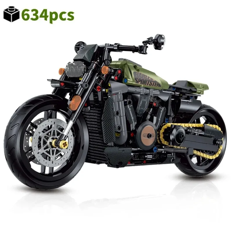 Army Green Technical Motorcycle Building Blocks Bricks Harleys Motorbike Locomotive Road Racer Toy for Kid Christmas 2024 gifts