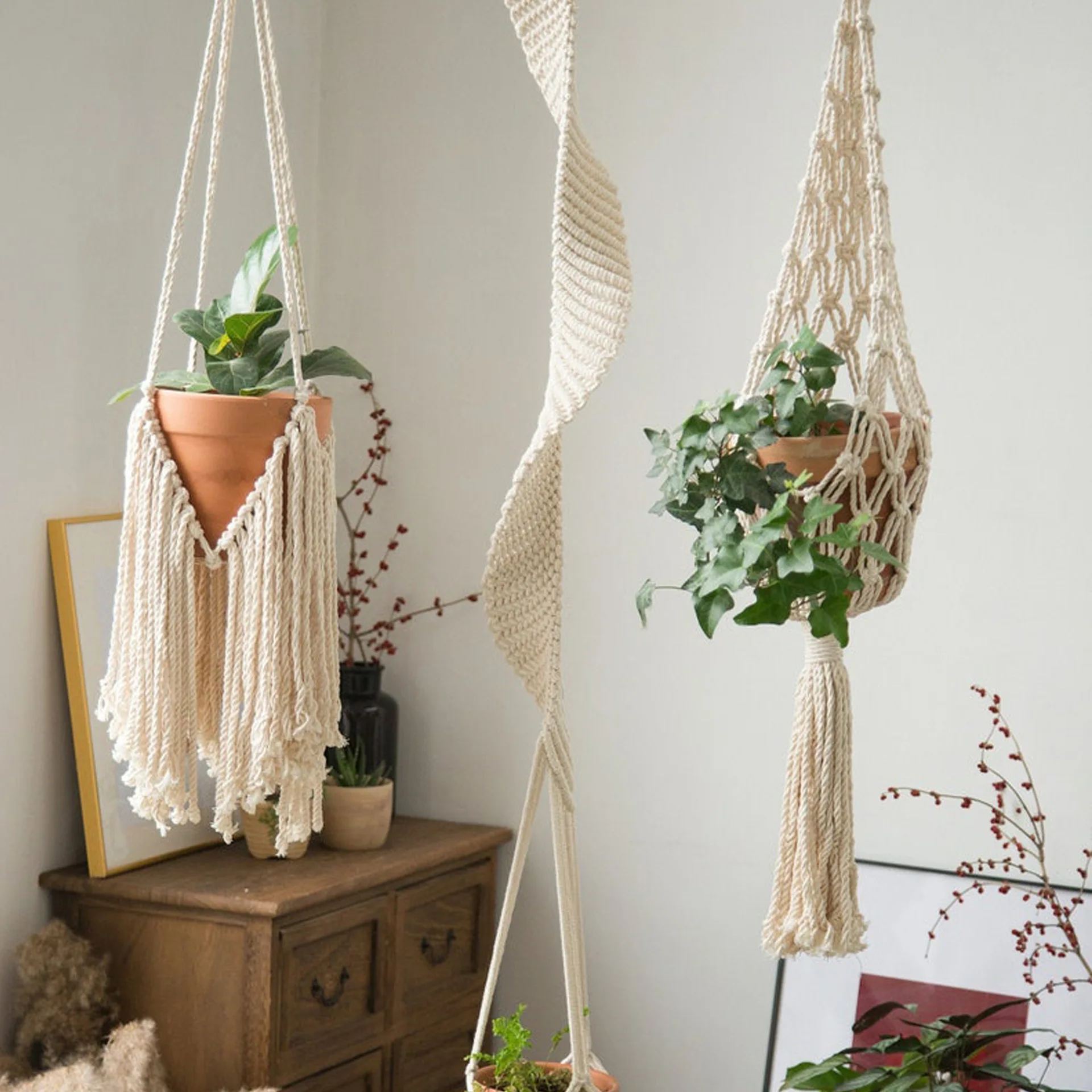 

1PC INS woven tapestry flower basket Nordic style plant hanging net pocket Bohemian hanging basket wall hanging