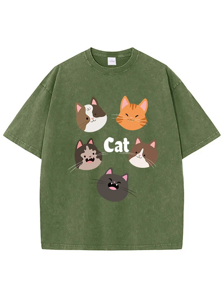 Kawaii Cats Funny Printing Female Washed T Shirt Summer Casual Cotton Tshirt Street Hip Hop Clothes Fashion Loose Distressed Tee