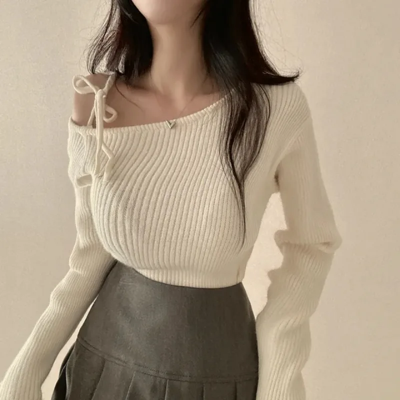 

Женские пуловеры в стиле ретро, сексуальные корейские шикарные новые дизайнерские модные свитера с наклонными плечами, нерегулярные темпераментные свитера на шнуровке, повседневные повседневные