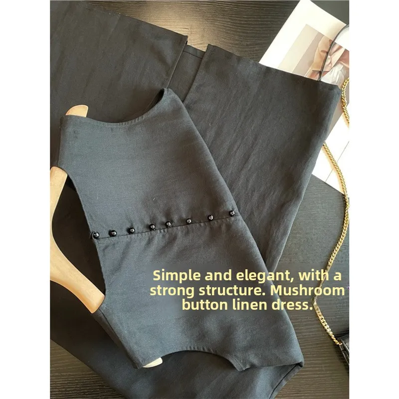 matte Bla Svel Weste Musoom Button Leinen Dr Damen Loose Slimmer Dra Little Bla Dr A-Line Rock