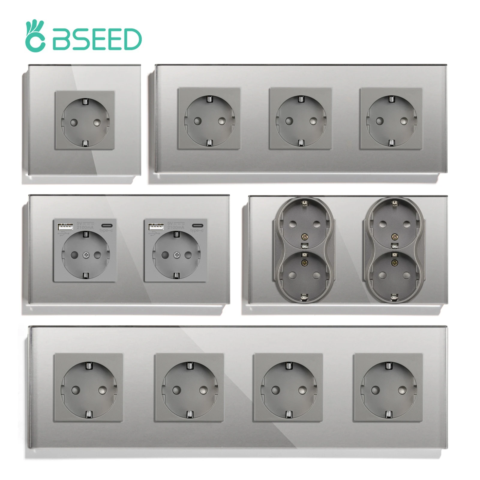 BSEED Single EU wall Socket Double Type-c USB Sockets 2.1A Triple Crystal Glass Power Socket USB 16A