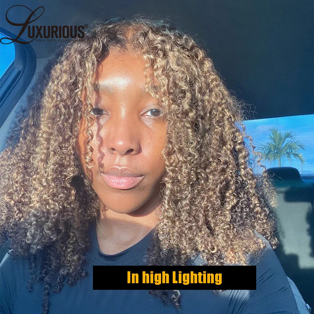 Highlight Ombre Honey Blonde Human Hair Wig With 4c Edges 13x4 Bouncy Curly Lace Front Wig Afro Curly Wig 250 Density