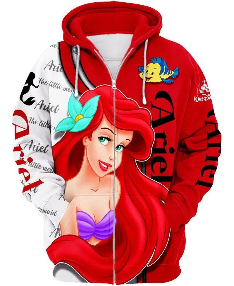 

2024 Spring and Autumn Men's New Disney Ariel Little Mermaid 3D Women's Hoodie Children's Street Casual Sports Pullover