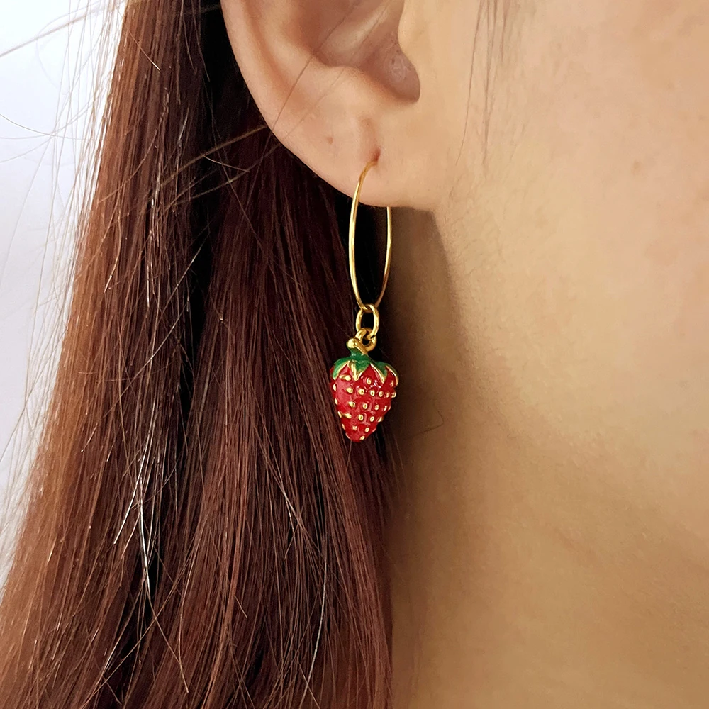 Colorful Enamel Fruit Ear Threaders Strawberry Banana Cherry Mango Stainless Steel Hypoallergen Dangle Single Earrings for Women