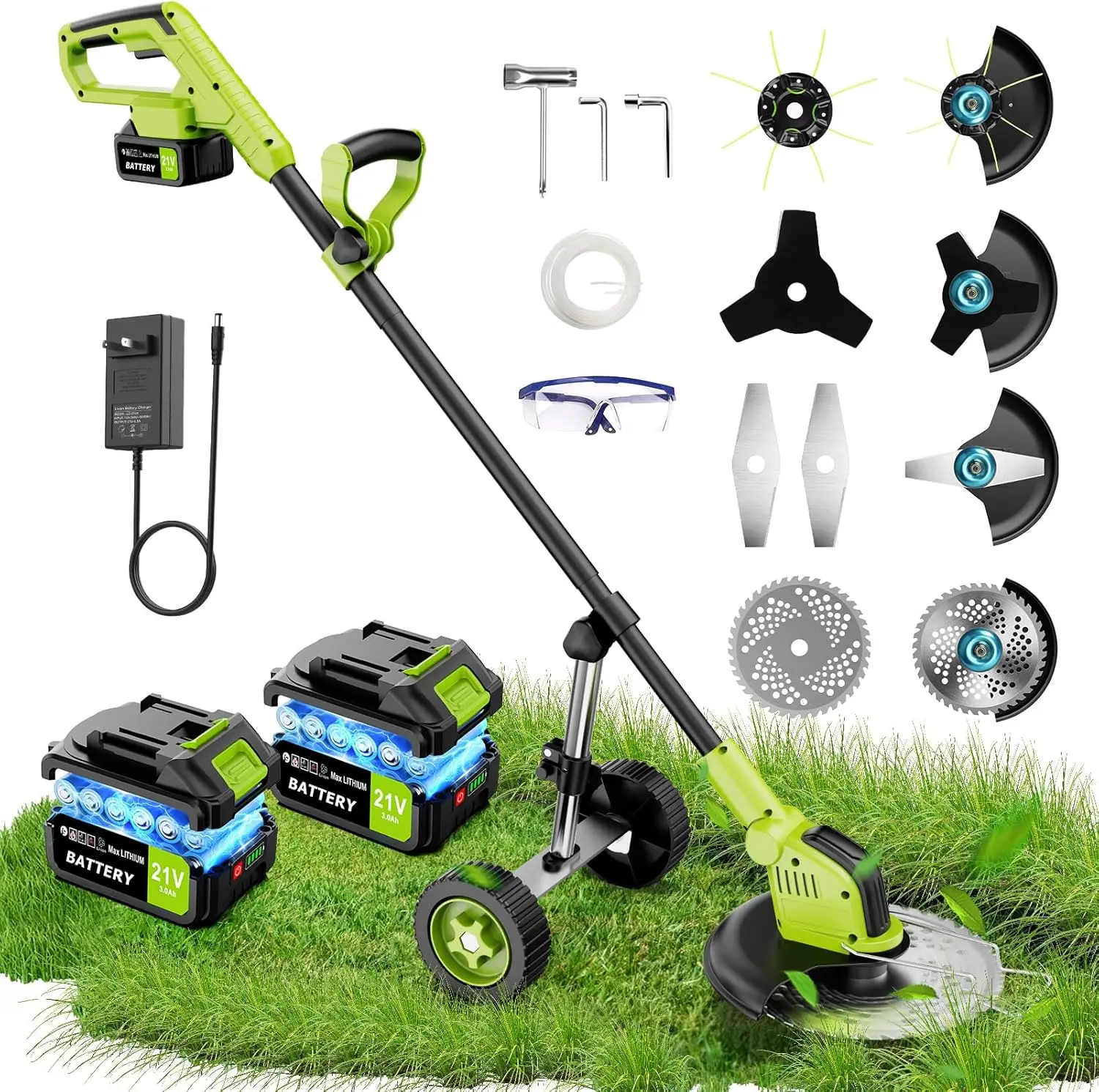 

20000 RPM Electric Weed Wacker with Wheel, 2 * 3000mAh Battery, 5 Blade, 12\u2033 Brushless Cordless 4-in-1 Brush Cutter/Weed Ea