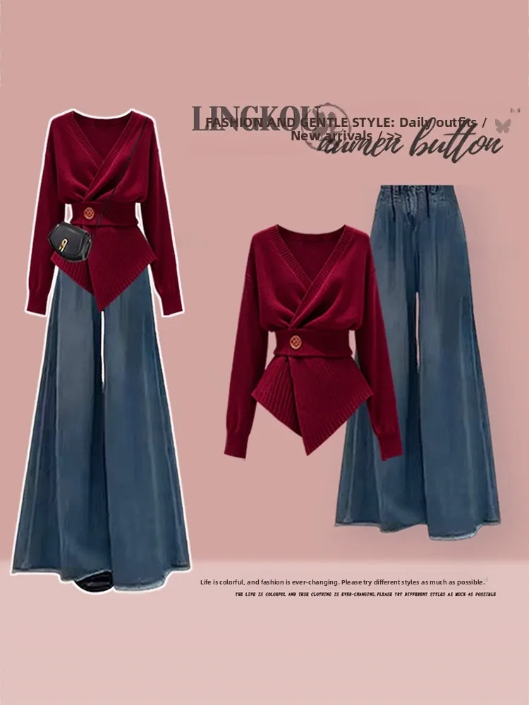 

Ele plus Size Knitted Sweater And Slim Fit Jeans Two Piece Set in Cisas Red for Women Casual High Waist V Ne