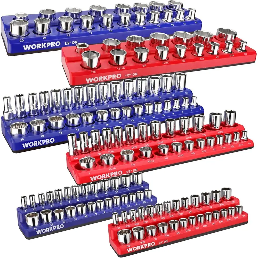 

6-Piece Magnetic Socket Organizer Set with Metric SAE Socket Trays for 1/4, 3/8, 1/2 Drives, Holds 143 Pieces (Sockets Not Inclu