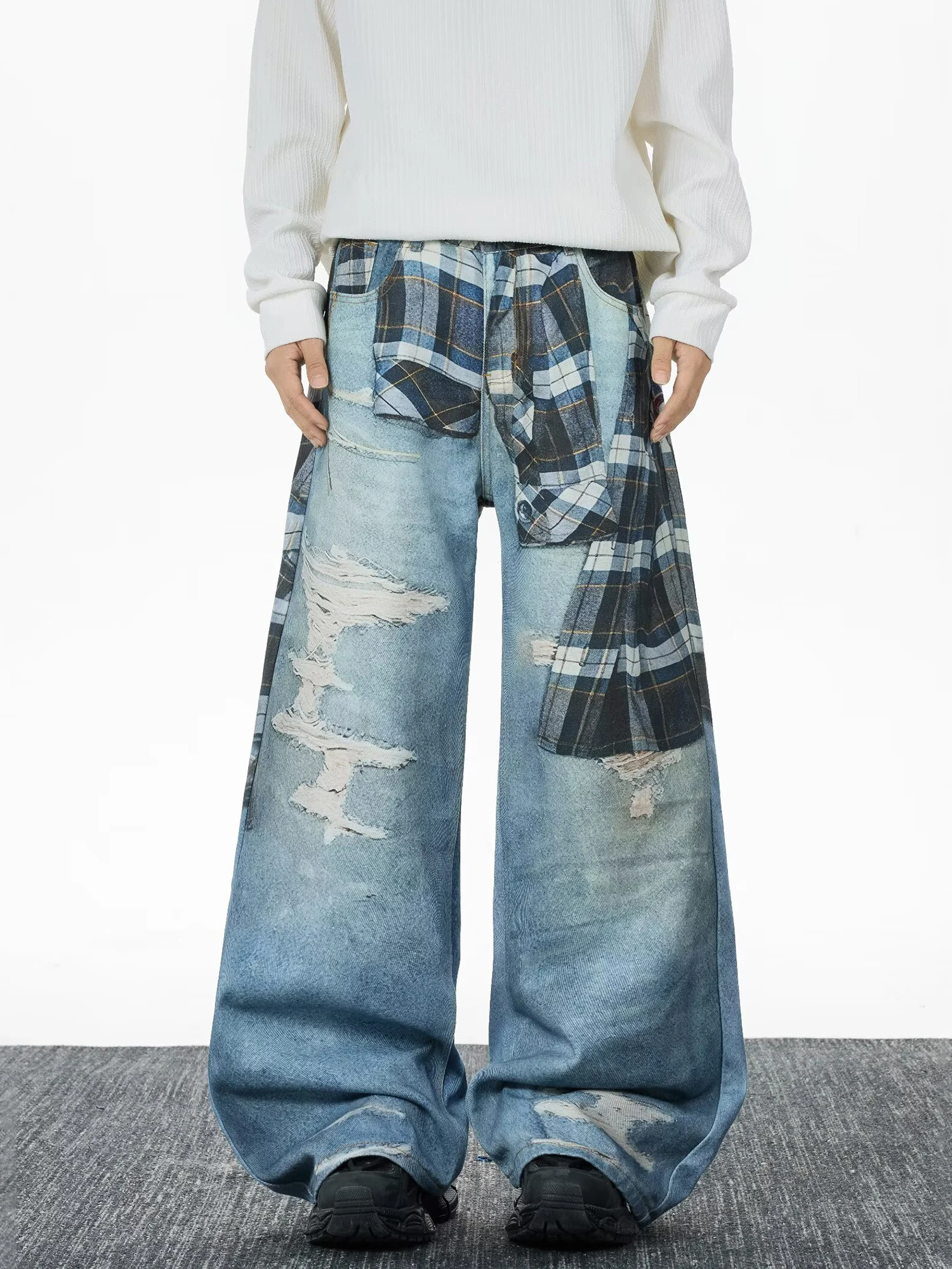 

American Retro 3D Digital Print Men's Denim Jeans Loose Straight Leg Hiphop Sle Layering irt Printed Fabric Casual Trousers