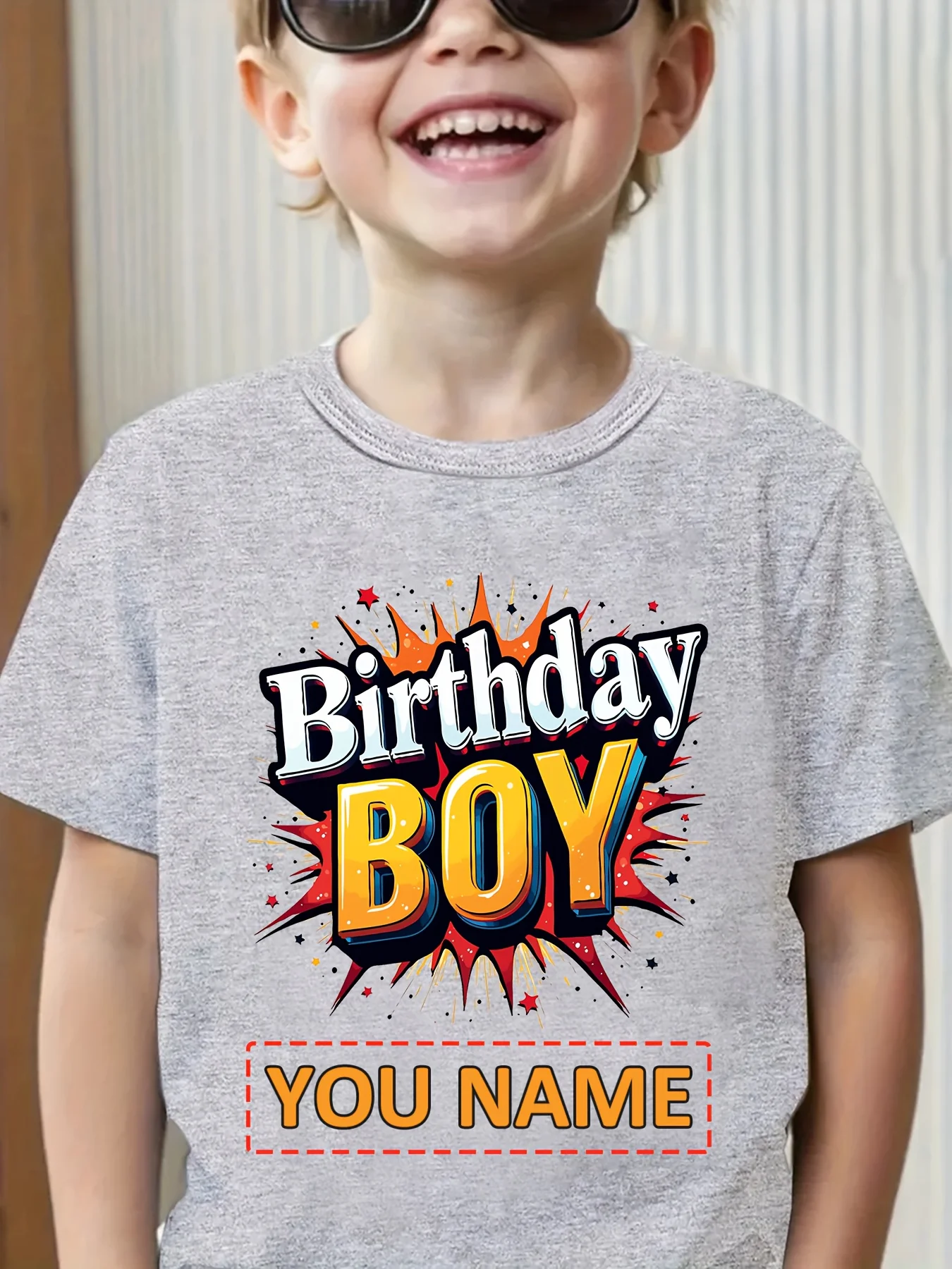 Customizable Kids Birthday Party T‑Shirt, Cool Explosion‑Letter Print Casual Crew‑Neck Top