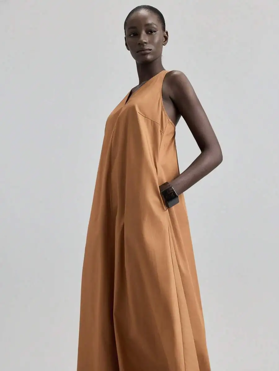 

Womens V-Neck Sleeveless A-Line Loose Midi Dress With Pockets Minimalist Solid Color Summer Autumn