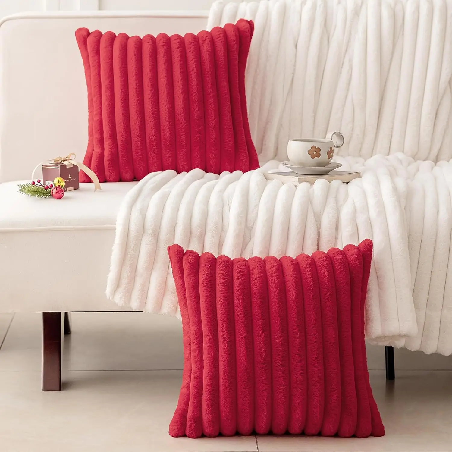 Faux Rabbit Fur Cushion Cover Plush Pillow Cover Soft Fluffy Striped Cushion Cover Decorative Pillows Luxury Home Decor for Sofa